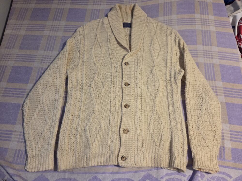 Vintage Pendleton Mens Cream Wool Cable Knit Shawl Collar Cardigan Sweater L USA